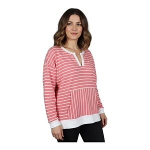 T by Talbots Pink Cream Striped Kangaroo Pocket Sweatshirt Large